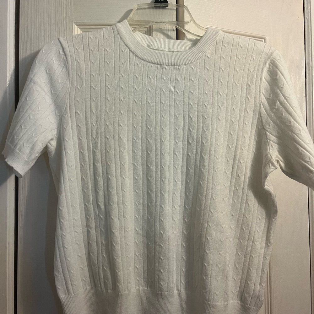 White Cable Knit Short Sleeve Sweater